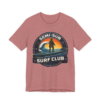 Semi-Sub Surf Club T-Shirt — Retro Tactical Operator Logo Surf Graphic Tee | Semi-Sub Surf Club Logo Back