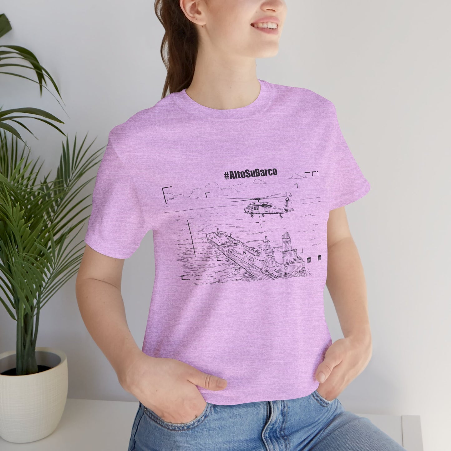 #AltoSuBarco Maritime Interdiction T-Shirt — Ship & Helicopter Line Art Front Graphic