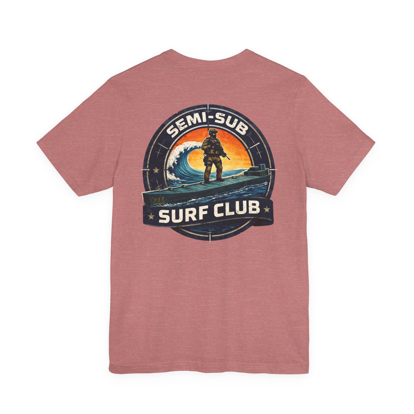 Semi-Sub Surf Club T-Shirt — Retro Tactical Operator Logo Surf Graphic Tee | TDG Solutions Log Front | Semi-Sub Surf Club Logo Back