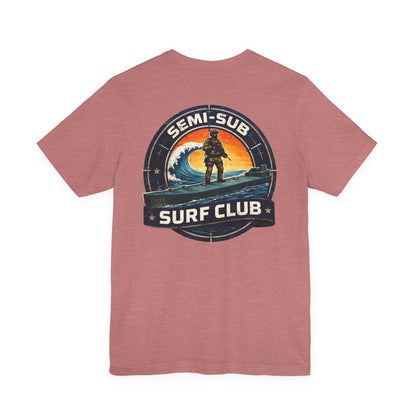 Semi-Sub Surf Club T-Shirt — Retro Tactical Operator Logo Surf Graphic Tee | TDG Solutions Log Front | Semi-Sub Surf Club Logo Back