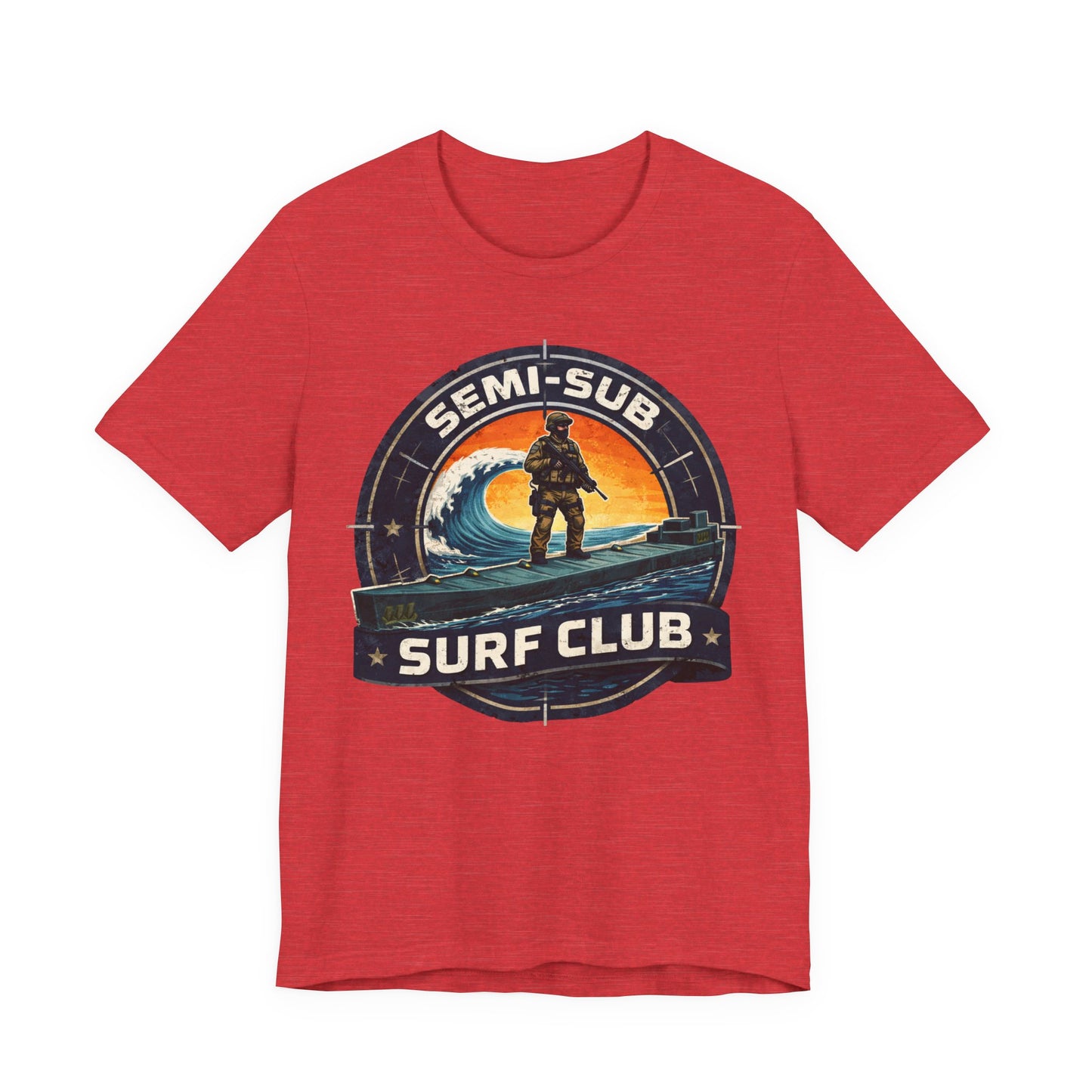 Semi-Sub Surf Club T-Shirt — Retro Tactical Operator Logo Surf Graphic Tee | Semi-Sub Surf Club Logo Back