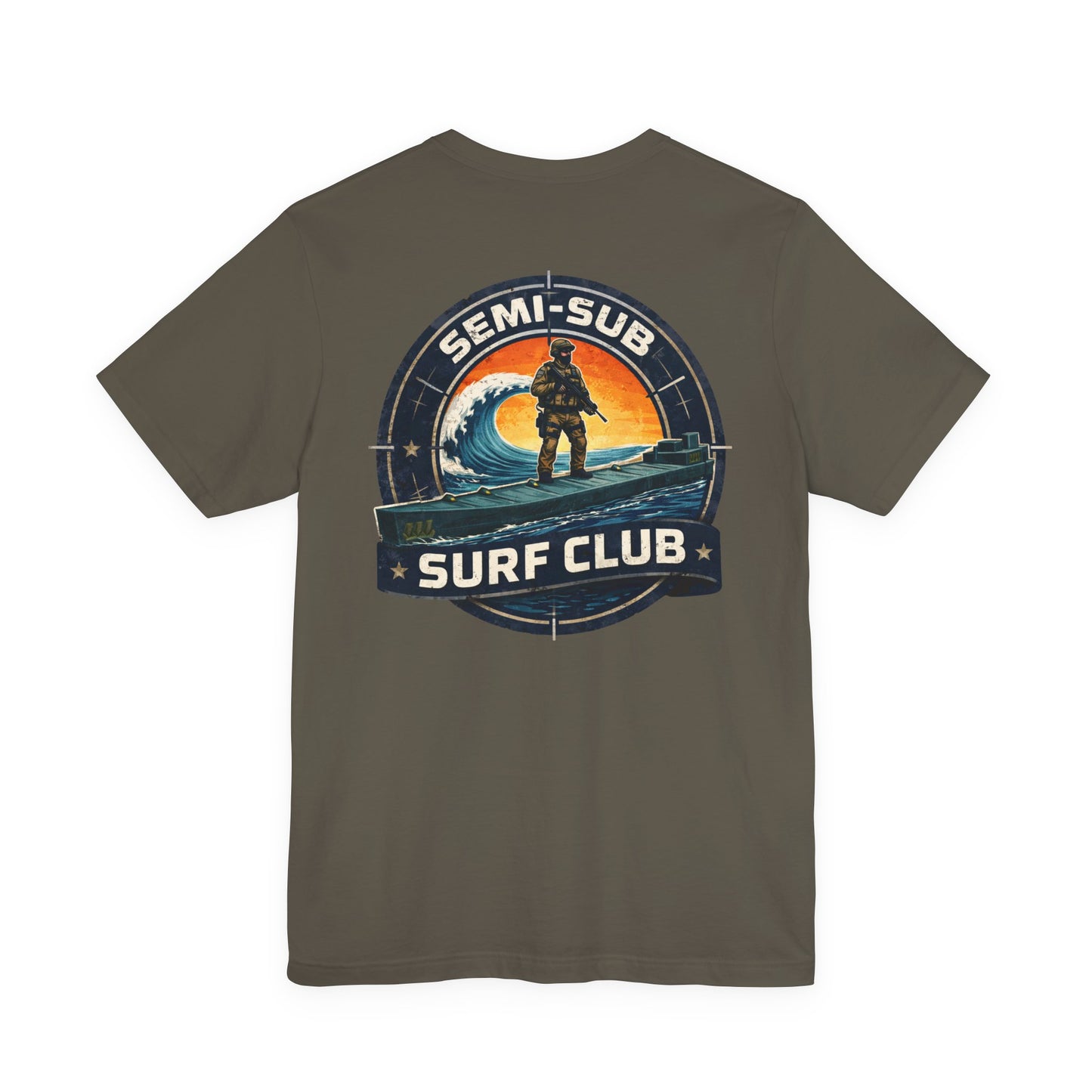 Semi-Sub Surf Club T-Shirt — Retro Tactical Operator Logo Surf Graphic Tee | TDG Solutions Log Front | Semi-Sub Surf Club Logo Back