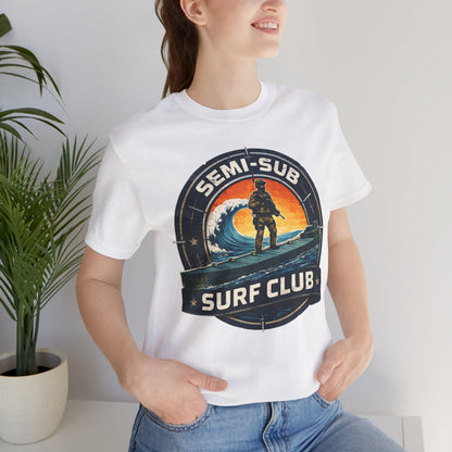 Semi-Sub Surf Club T-Shirt — Retro Tactical Operator Logo Surf Graphic Tee | Semi-Sub Surf Club Logo Back