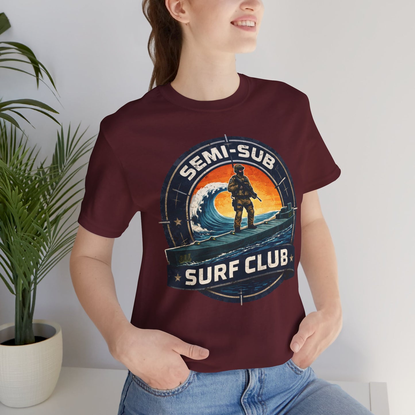 Semi-Sub Surf Club T-Shirt — Retro Tactical Operator Logo Surf Graphic Tee | Semi-Sub Surf Club Logo Back