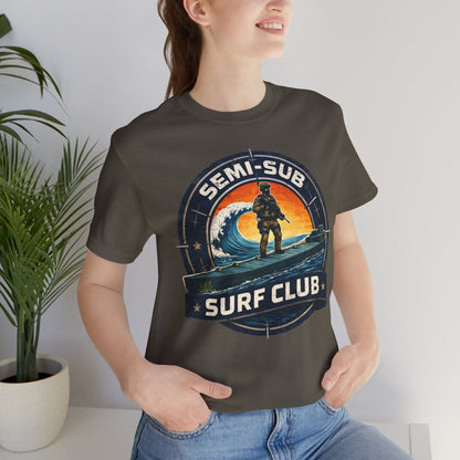 Semi-Sub Surf Club T-Shirt — Retro Tactical Operator Logo Surf Graphic Tee | Semi-Sub Surf Club Logo Back