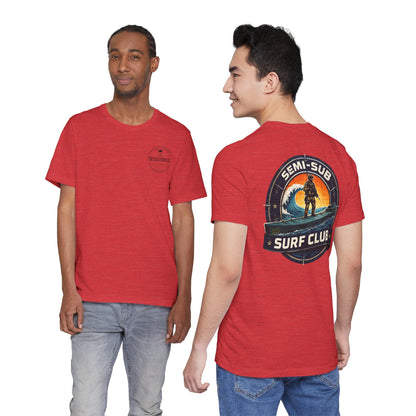 Semi-Sub Surf Club T-Shirt — Retro Tactical Operator Logo Surf Graphic Tee | TDG Solutions Log Front | Semi-Sub Surf Club Logo Back