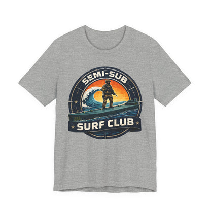 Semi-Sub Surf Club T-Shirt — Retro Tactical Operator Logo Surf Graphic Tee | Semi-Sub Surf Club Logo Back