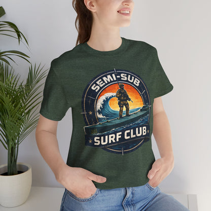Semi-Sub Surf Club T-Shirt — Retro Tactical Operator Logo Surf Graphic Tee | Semi-Sub Surf Club Logo Back