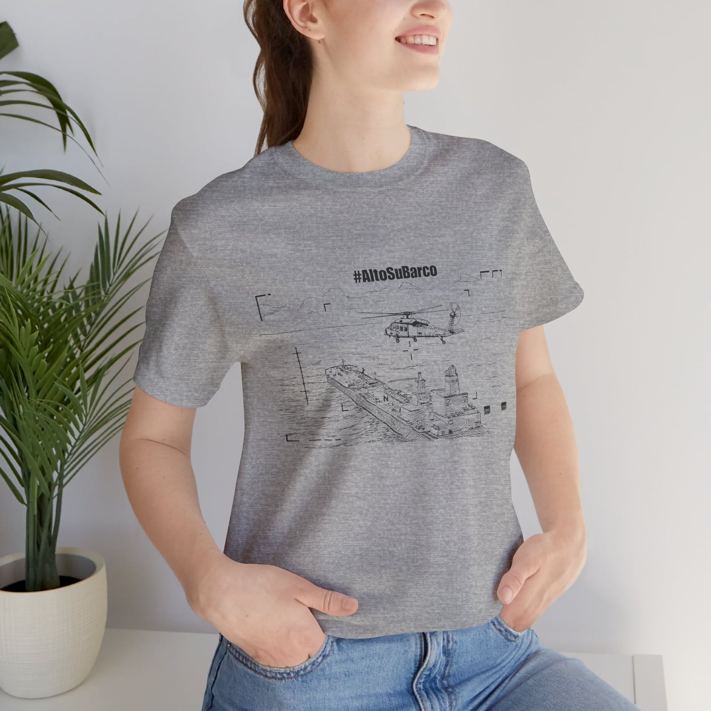 #AltoSuBarco Maritime Interdiction T-Shirt — Ship & Helicopter Line Art Front Graphic