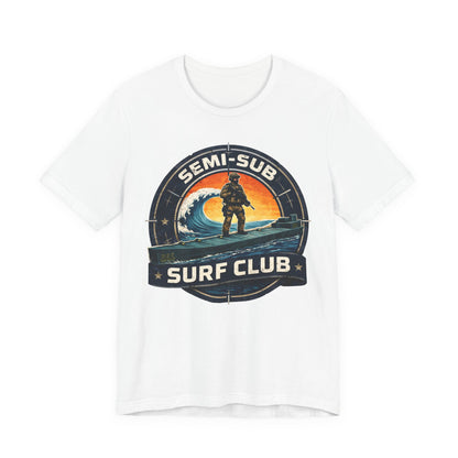 Semi-Sub Surf Club T-Shirt — Retro Tactical Operator Logo Surf Graphic Tee | Semi-Sub Surf Club Logo Back